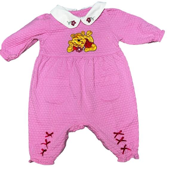 Vintage Disney embroidered Baby Winnie the Pooh Romper Pink Textured 3-6 Months - Picture 1 of 7
